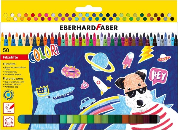 Eberhard Faber 551150 - Colori Filzstifte in 50 intensiven Farben, Minenstärke 1 mm, auswaschbar, im Kartonetui, zum Zeichnen, Malen, Kolorieren, Basteln und Schreiben