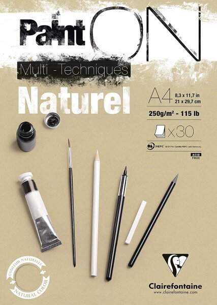 Clairefontaine 96540C Naturel PaintOn Block (250 g, DIN A4, 21 x 29,7 cm, geleimt, 30 Blätter, geeignet für Bleistift, Kreide oder PastellIdeal mit rauen Oberfläche und Sandton) naturbraun