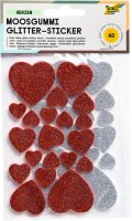 folia 23791 - Moosgummi Glitter Sticker, Herzen, sortiert in silber und rot, verschiedene Größen, 40 Stück - Ideal zum Verzieren und Dekorieren von Grußkarten usw.