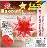 folia 408/1515 - Bastelset Bascetta Stern Winterornament rot/gold, 32 Blatt, 15 x 15 cm, fertige Größe des Papiersterns ca. 20 cm, mit ausführlicher Anleitung - ideal zur zeitlosen Dekoration