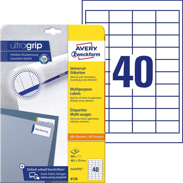 AVERY Zweckform 6126 Universal Etiketten (mit ultragrip, 48,5 x 25,4 mm auf DIN A4, Papier matt, bedruckbar, selbstklebend, 400 Klebeetiketten auf 10 Blatt) weiß