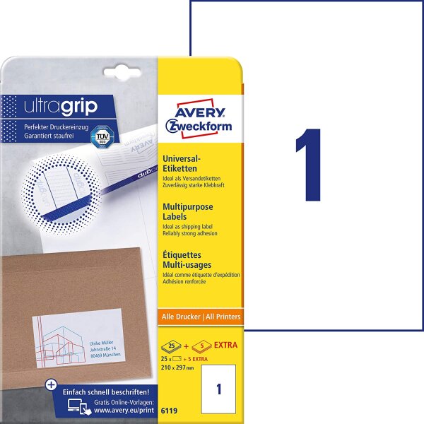 AVERY Zweckform 6119 Universal Etiketten (25 plus 5 Klebeetiketten extra, 210x297mm auf A4, Papier matt, bedruckbare Versandetiketten, selbstklebende Versandaufkleber mit ultragrip) 30 Blatt, weiß