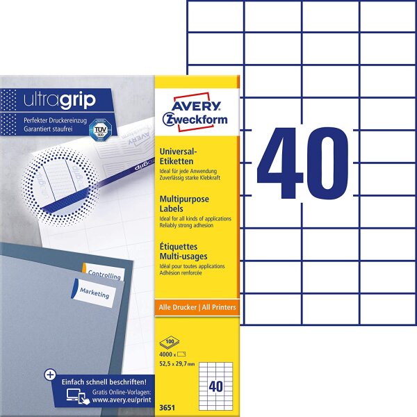 AVERY Zweckform 3651 Universal Etiketten (4.000 Klebeetiketten, 52,5x29,7mm auf A4, Papier matt, individuell bedruckbar, selbstklebende Aufkleber mit ultragrip) 100 Blatt, weiß