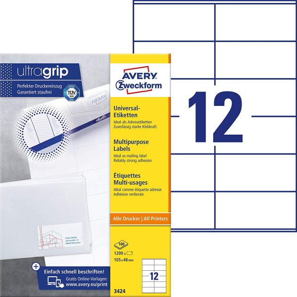 AVERY Zweckform 3424 Adressaufkleber (1.200 Klebeetiketten, 105x48mm auf A4, Papier matt, individuell bedruckbare Absenderetiketten, selbstklebende Adressetiketten mit ultragrip) 100 Blatt, weiß