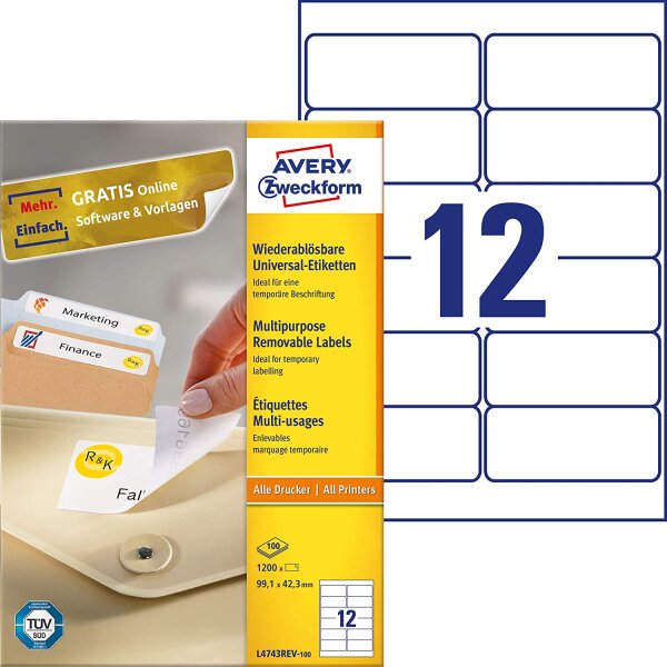 AVERY Zweckform L4743REV-100 Universal Etiketten (1.200 Klebeetiketten, 99,1x42,3mm auf A4, wieder rückstandsfrei ablösbar/abziehbar, individuell bedruckbare, selbstklebende Aufkleber) 100 Blatt, weiß