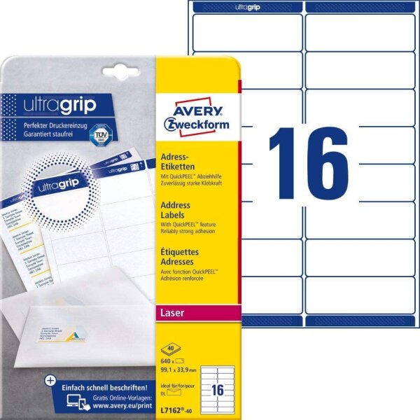 AVERY Zweckform L7162-40 Adressetiketten/Adressaufkleber (640 Etiketten mit ultragrip, 99,1x33,9mm auf A4, bedruckbar, selbstklebend, für DIN lang Briefkuverts, Papier matt) 40 Blatt, weiß