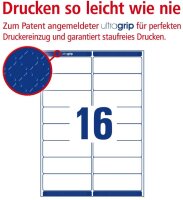 AVERY Zweckform L7162-40 Adressetiketten/Adressaufkleber (640 Etiketten mit ultragrip, 99,1x33,9mm auf A4, bedruckbar, selbstklebend, für DIN lang Briefkuverts, Papier matt) 40 Blatt, weiß