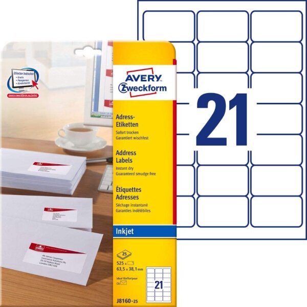 AVERY Zweckform J8160-25 Adressetiketten/Adressaufkleber (525 Etiketten, 63,5x38,1mm auf A4, bedruckbar, selbstklebend, für DIN B6/C6 Briefkuverts, Papier matt, Inkjet-Drucker) 25 Blatt, weiß