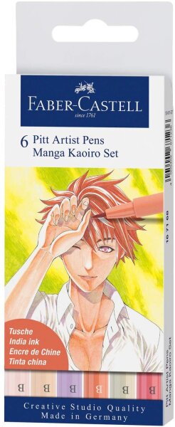 Faber-Castell 167168 - Tuschestift Pitt Artist Pen Manga Kaoiro, mit Pinselspitze in verschiedenen Schreibfarben, 6er Etui