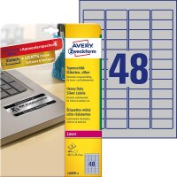 AVERY Zweckform L6009-8 Typenschild Folienetiketten (45,7x21,2 mm auf DIN A4, extrem stark selbstklebend, wetterfeste bedruckbare Klebefolie) 384 Aufkleber auf 8 Blatt silber