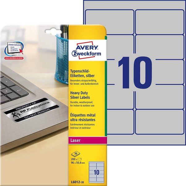 AVERY Zweckform L6012-20 Typenschild Folienetiketten (96x50,8 mm auf DIN A4, extrem stark selbstklebend, wetterfeste bedruckbare Klebefolie) 200 Aufkleber auf 20 Blatt silber