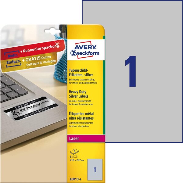 AVERY Zweckform L6013-8 Typenschild Folienetiketten (210x297 mm auf DIN A4, extrem stark selbstklebend, wetterfeste bedruckbare Klebefolie) 8 Aufkleber auf 8 Blatt silber