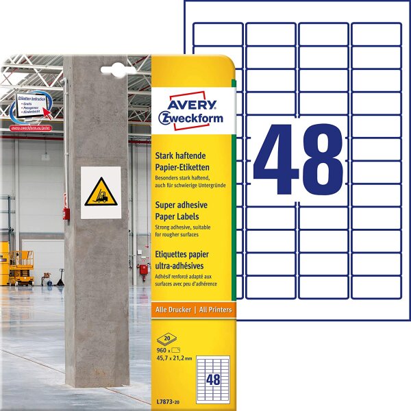 AVERY Zweckform L7873-20 Stark haftende Papieretiketten (45,7x21,2 mm auf DIN A4, extrem stark selbstklebend, bedruckbare Power Papieraufkleber) 960 Aufkleber auf 20 Blatt weiß