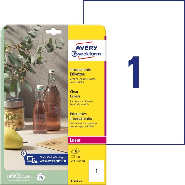 AVERY Zweckform L7784-25 transparente Etiketten (25 Klebeetiketten, 210x297mm auf A4, Aufkleber zum Bedrucken, selbstklebend, wetterfest, Beschriftungen/Produktaufkleber) 25 Blatt, durchsichtig