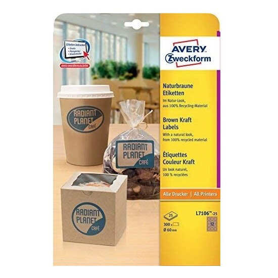 AVERY Zweckform L7106-25 Kraftpapier (zum Bedrucken, selbstklebend, Ø 60 mm, 300 runde Aufkleber auf 25 Blatt, recycling Klebepunkte zum Kennzeichnen von Produkten) Etiketten naturbraun