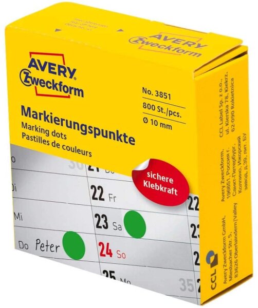 AVERY Zweckform 3851 selbstklebende Markierungspunkte 800 Stück (Ø10mm, Klebepunkte auf Rolle im Spender, Punktaufkleber zur Farbcodierung, runde Aufkleber für Kalender, Planer und zum Basteln) grün