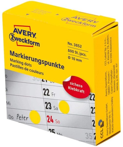 AVERY Zweckform 3852 selbstklebende Markierungspunkte (ø 10 mm, 800 Klebepunkte auf Rolle im Spender, runde Aufkleber für Kalender, Planer und zum Basteln) gelb