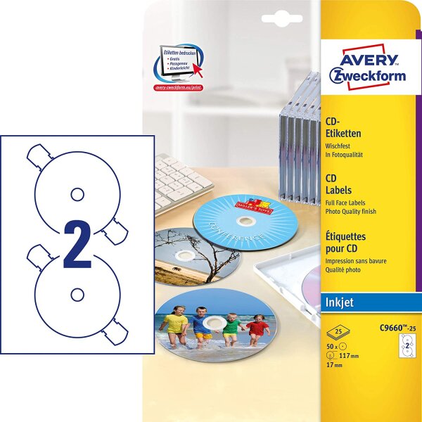 AVERY Zweckform C9660-25 selbstklebende CD-Etiketten (50 blickdichte CD-Aufkleber, Ø 117mm auf A4, SuperSize, Papier hochglänzend, bedruckbare Klebeetiketten für alle Inkjet-Drucker) 25 Blatt, weiß