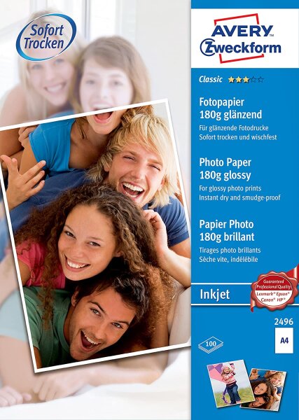 AVERY Zweckform 2496 Classic Inkjet Fotopapier (A4, einseitig beschichtet, glänzend, 180 g/m², 100 Blatt)