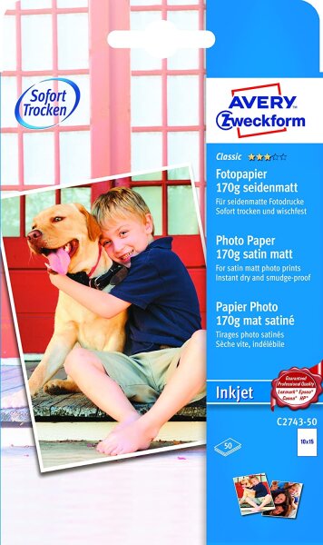 AVERY Zweckform C2743-50 Classic Inkjet Fotopapier (A6, einseitig beschichtet, seidenmatt, 170 g/m²) 50 Blatt