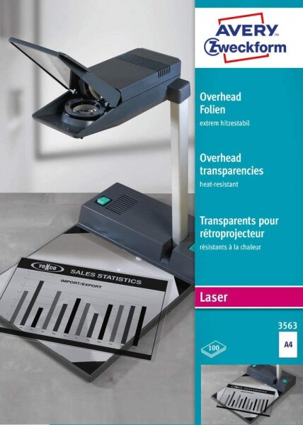 AVERY Zweckform 3563 Overhead-Folien für S/W Laserdrucker und -Kopierer (100 Transparentfolien, A4, spezialbeschichtet, stapelverarbeitbar, extrem hitzestabil durch erhöhte Folienstärke 0,13mm)