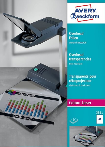 AVERY Zweckform 3561 Overhead-Folien für Farblaserdrucker (50 Transparentfolien, A4, spezialbeschichtet, stapelverarbeitbar, extrem hitzestabil durch erhöhte Folienstärke 0,13mm, lösemittelfrei)