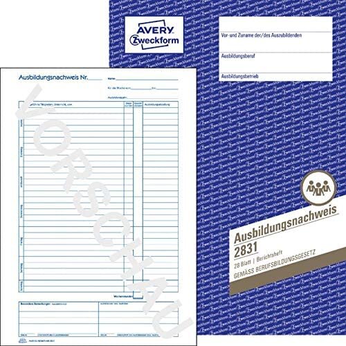 AVERY Zweckform 2831 Ausbildungsnachweis (DIN A4, Heftform, von IHK anerkannt, für Deutschland, speziell konzipiert für die Führung von Berichtsheften in der Berufsausbildung, 28 Blatt) weiß