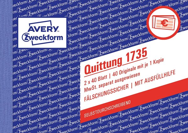 AVERY Zweckform 1735 Quittungsblock (A6 quer, 2x40 Blatt, mit Durchschlag, fälschungssicher, separat ausgewiesene MwSt., für Deutschland und Österreich) weiß/gelb