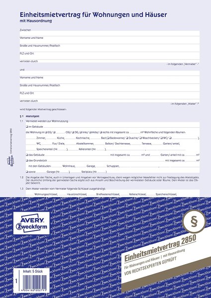 AVERY Zweckform 2850 Einheitsmietvertrag für Wohnungen und Häuser (A4, 5 Sätze mit Hausordnung, 6-seitig im Bogenformat, regelt alle Punkte des Mietverhältnisses, von Rechtexperten geprüft)