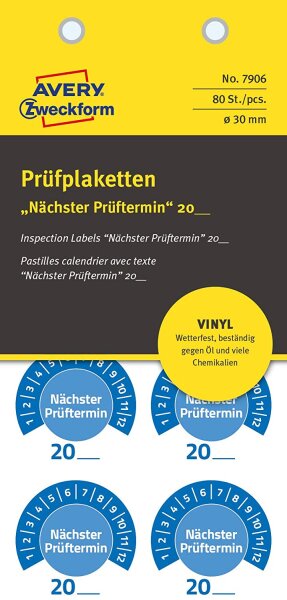 AVERY Zweckform 80 Stück Prüfplaketten Nächster Prüftermin 20xx (mit Jahreszahl zum selber eintragen, widerstandsfähig, selbstklebend, Ø 30 mm, Prüfaufkleber, Prüfsiegel aus Vinyl) 7906 blau