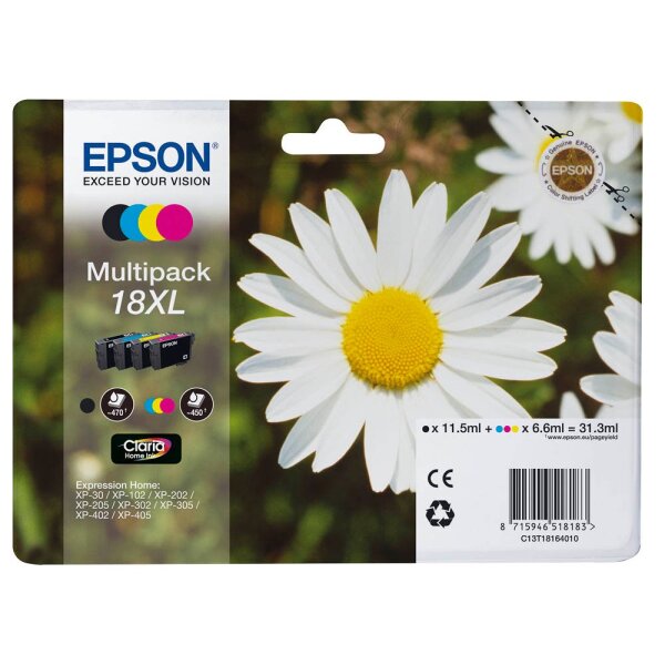 Original EPSON 18XL / T1816XL Multipack schwarz, cyan, magenta, gelb Tintenpatronen