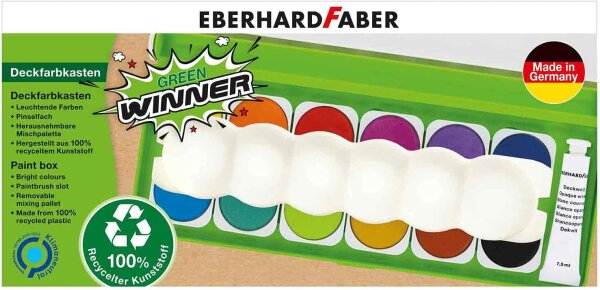 Eberhard Faber 578313 - Green Winner Deckfarbkasten mit 12 Farben in austauschbaren Farbnäpfen, Deckweiß und Pinselfach, Deckel als Mischpalette nutzbar, für Schule, Freizeit und Hobby