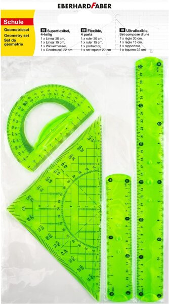 Eberhard Faber 570005 - Geometrie-Set mit 2 Linealen (ca. 15 cm und ca. 30 cm lang), Winkelmesser und Geodreieck ca. 22 cm lang, aus Kunststoff, sehr bruchsicher, ideal für Schule, Freizeit und Büro