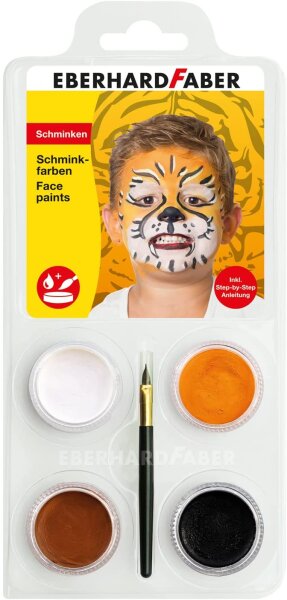 Eberhard Faber 579025 - Schminkfarben-Set Tiger mit 4 Farben, Pinsel und Anleitung, wasserlöslich, schnell trocknend, Schmink-Set für Kinder zum Bemalen von Gesichtern