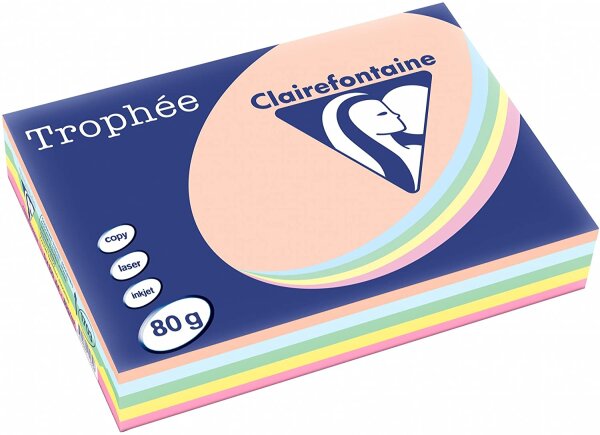 Clairefontaine 1703C Druckerpapier Trophée, für alle Laserdrucker, Kopierer und Tintenstrahldrucker, DIN A4 (21 x 29,7 cm), 80g, 1 Ries mit 500 Blatt, Pastell sortiert