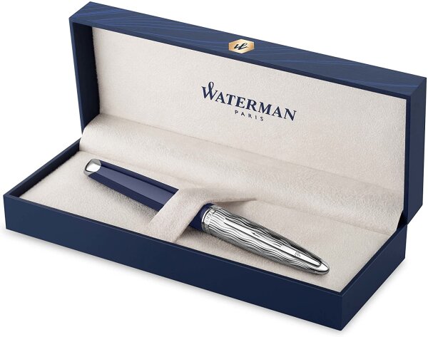 Waterman Carène Füllfederhalter | Metall und blaue Lackierung | ziselierte Kappe | mittlere Feder aus 18-Karat-Gold | blaue Tinte | Geschenkbox