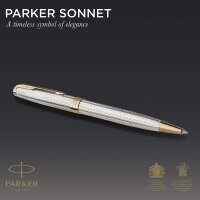 PARKER 2119796 Sonnet Premium Kugelschreiber, Silver Mistral (Silver Sterling), Goldzierteile, Mittlere schwarze Ersatzmine - Geschenkbox