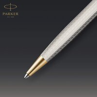 PARKER 2119796 Sonnet Premium Kugelschreiber, Silver Mistral (Silver Sterling), Goldzierteile, Mittlere schwarze Ersatzmine - Geschenkbox