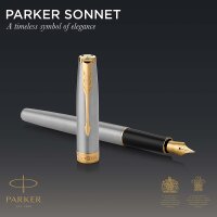 Parker Sonnet Füller | Edelstahl mit Goldzierteilen | Füllfederhalter Feine Spitze | Geschenkbox