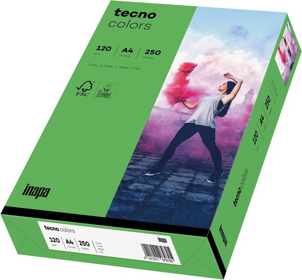 inapa farbiges Druckerpapier, buntes Papier tecno Colors: 120 g/m², A4, 250 Blatt, intensivgrün