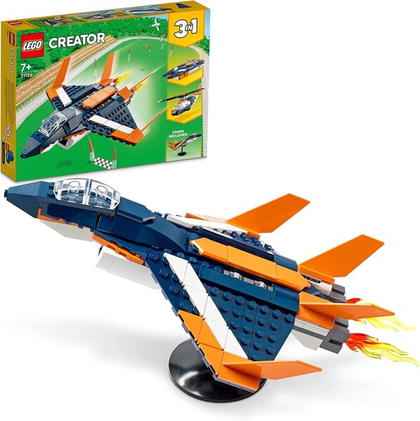 LEGO 31126 Creator 3-in-1 Überschalljet, Flugzeug Hubschrauber und Boot, 3 Modelle zum Bauen, Spielzeug ab 7 Jahre