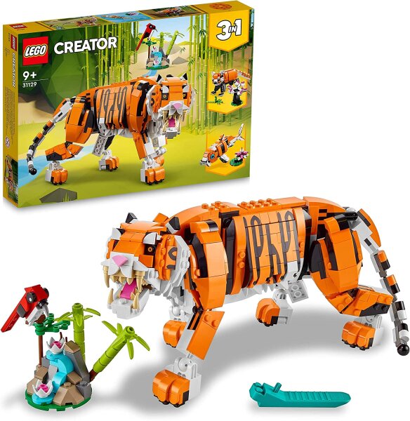 LEGO 31129 Creator Majestätischer Tiger, Panda oder Fisch, 3-in-1 Tierfiguren-Set, Spielzeug für Kinder, Konstruktionsspielzeug mit Tieren