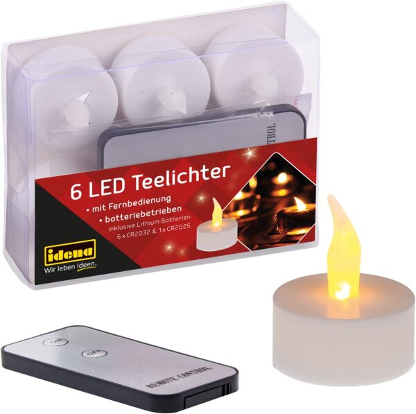 Idena 38204 - LED Teelichter, 6 Stück, elektrische Kerzen mit flackerndem Licht, mit Fernbedienung, inklusive Batterien, Deko für Hochzeit, Party, Weihnachten, Ostern, als Stimmungslicht