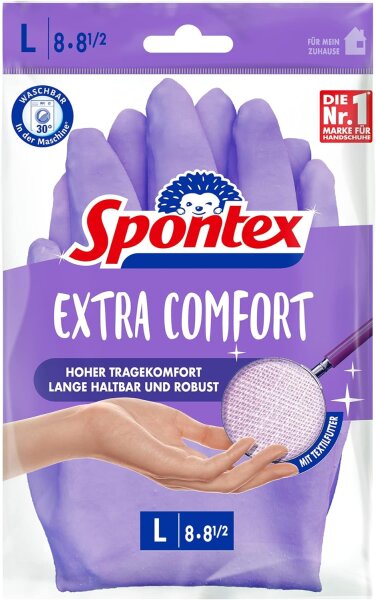 Spontex Extra Comfort L, Premium-Haushaltshandschuhe mit weichem Textilfutter, ideal für alle Putzarbeiten im Haushalt, 30°C waschbar, Größe L (8-8,5), 1 Paar, Lila