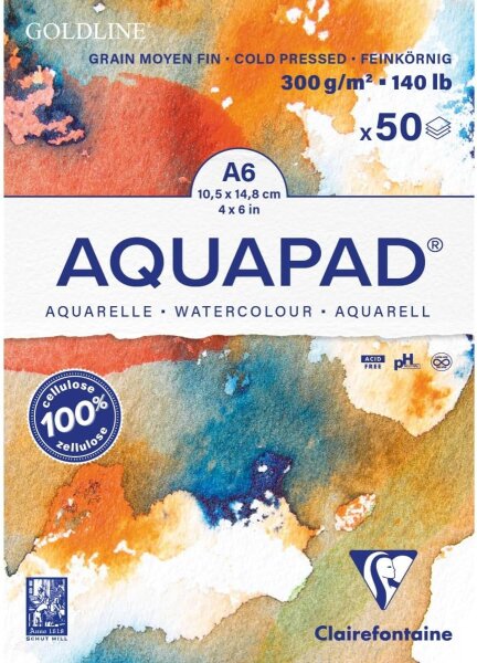 Clairefontaine 975620C Block Goldline Aquapad – 50 Blatt Aquarellpapier, mittelfein, A6, 10,5 x 14,8 cm, 300 g, Weiß