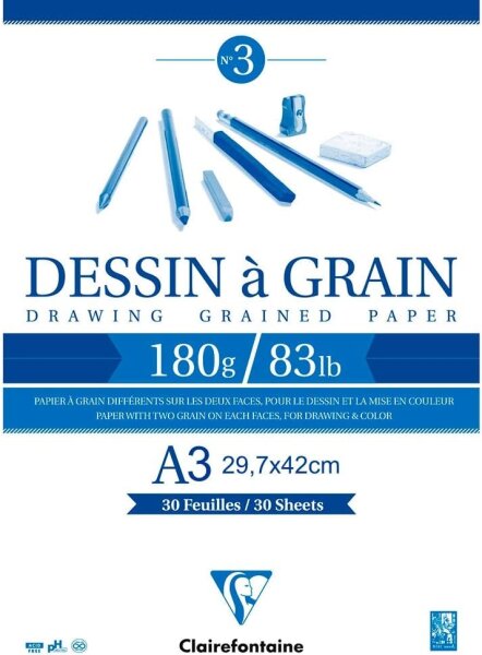 Clairefontaine 96622C Zeichenblock Kopfseitig Geleimt Dessin a Grain, DIN A3 29 x 42 cm, 30 Blatt, 180 g, weiß