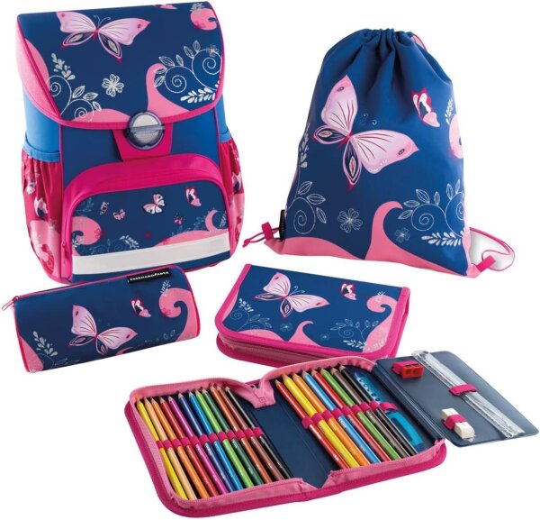 Eberhard Faber 577650 - EFAlino Schulranzen-Set Schmetterling, 4 teilig mit gefülltem Schüler-Etui, Schlamperrolle, Sportbeutel und Schultasche inkl. höhenverstellbarem Tragesystem, zum Schulanfang