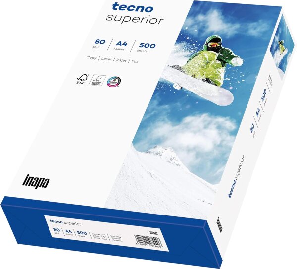 inapa Drucker-/ Kopierpapier tecno Superior: 80 g/m², A4, 500 Blatt, hochweiß, 4-fach gelocht