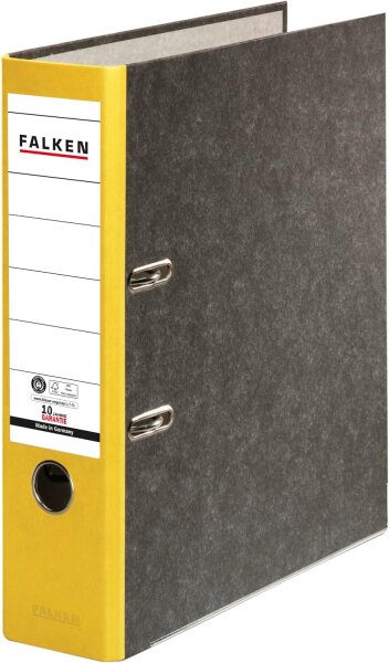 Original Falken Recycling-Ordner Wolkenmarmor. Made in Germany. 8 cm breit DIN A4 gelber Rücken Ringordner Aktenordner Briefordner Büroordner Pappordner CO2-Neutral Blauer Engel