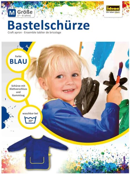 Idena 611185 - Bastelschürze für Kinder von 7 bis 8 Jahren mit langen Ärmeln und Klettverschluss, in Blau, ideal zum Malen, Basteln, Kochen und Matschen